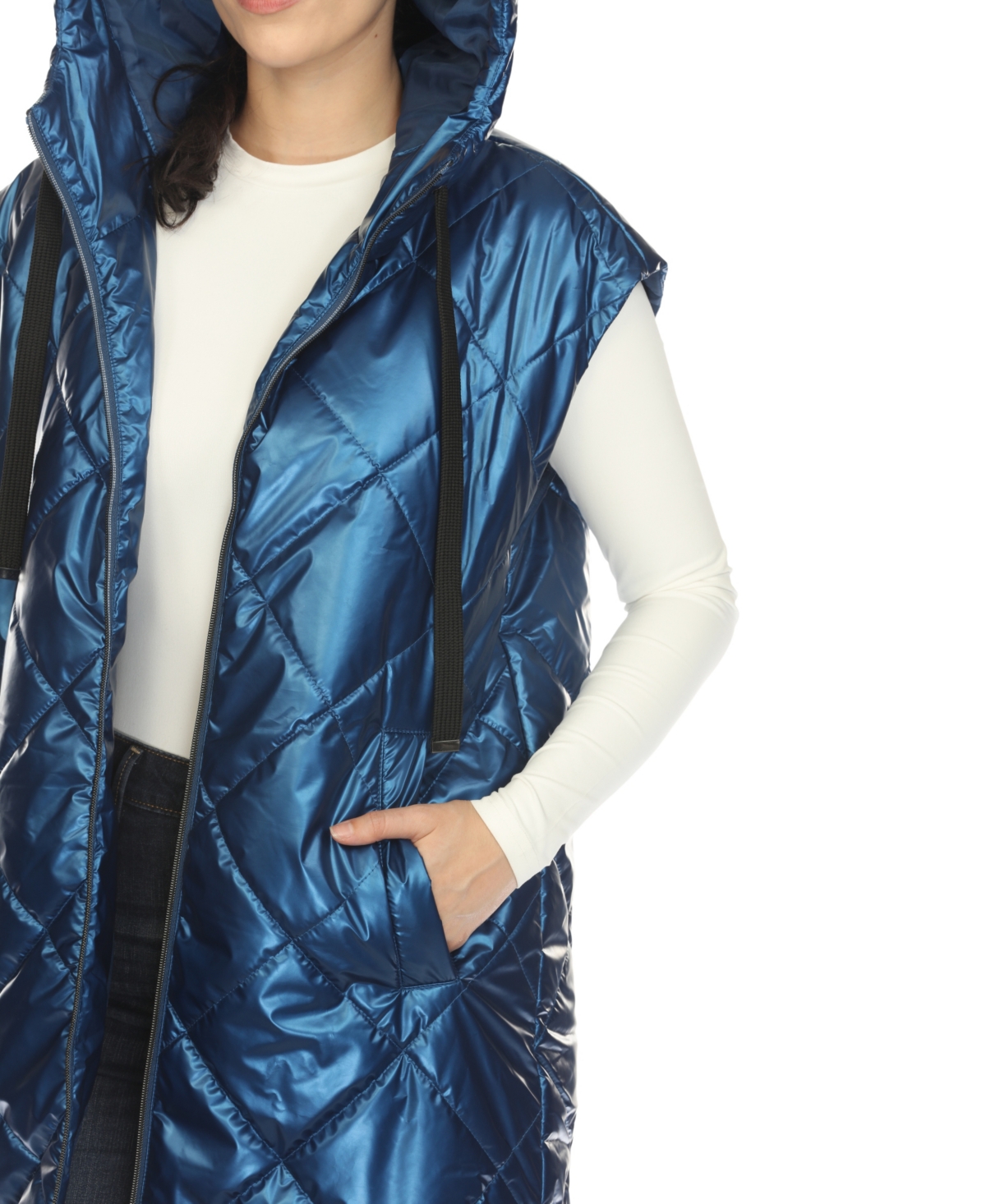 White Mark Women's Metallic Long Puffer Vest Jacket In Metallic Blue