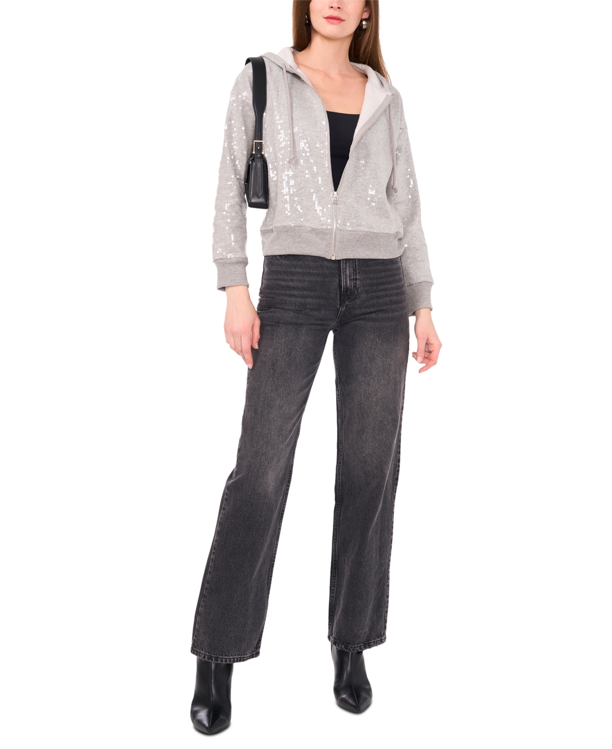 1.state Women's Full-Zip Hooded Long-Sleeve Sequin Hoodie