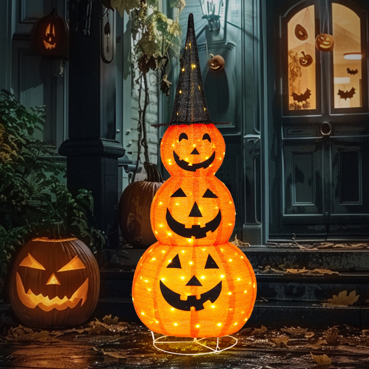 5FT Halloween Pumpkins,Stacked Foldable,Jack O Lantern,Led Lights Party Outdoor Decorations 2024 - Natrual