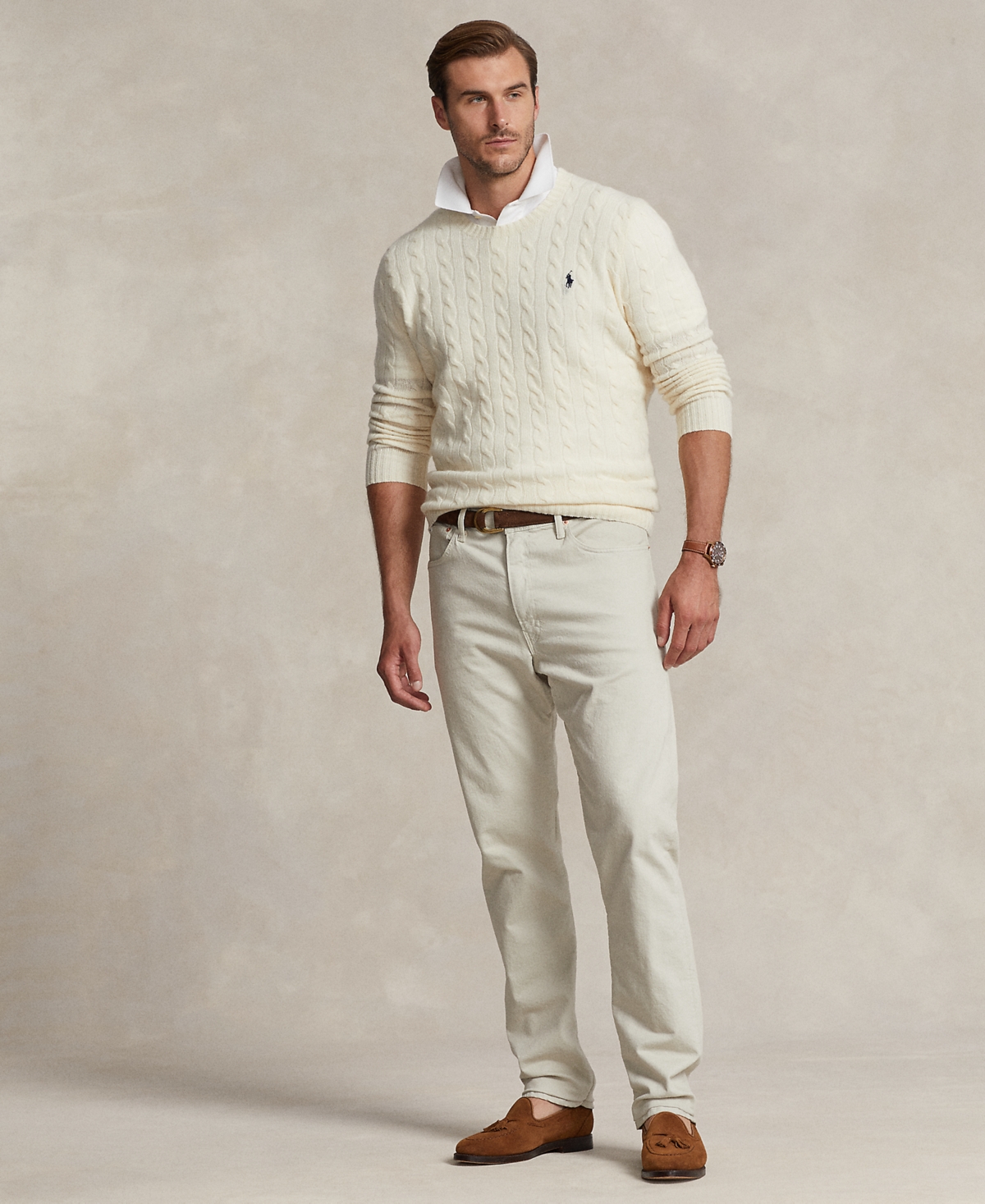 Polo Ralph Lauren Textured Cable Knit Sweater With Round Neckline And Fitted Silhouette In Natural