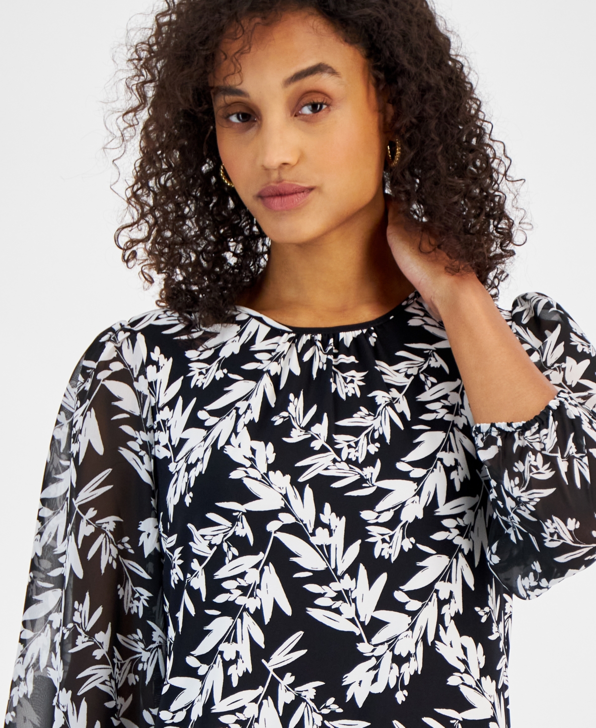 Kasper Women's Leaf-Print Shirred-Neck Blouson-Sleeve Knit Top, Regular & Petite Sizes -Vanilla Ice