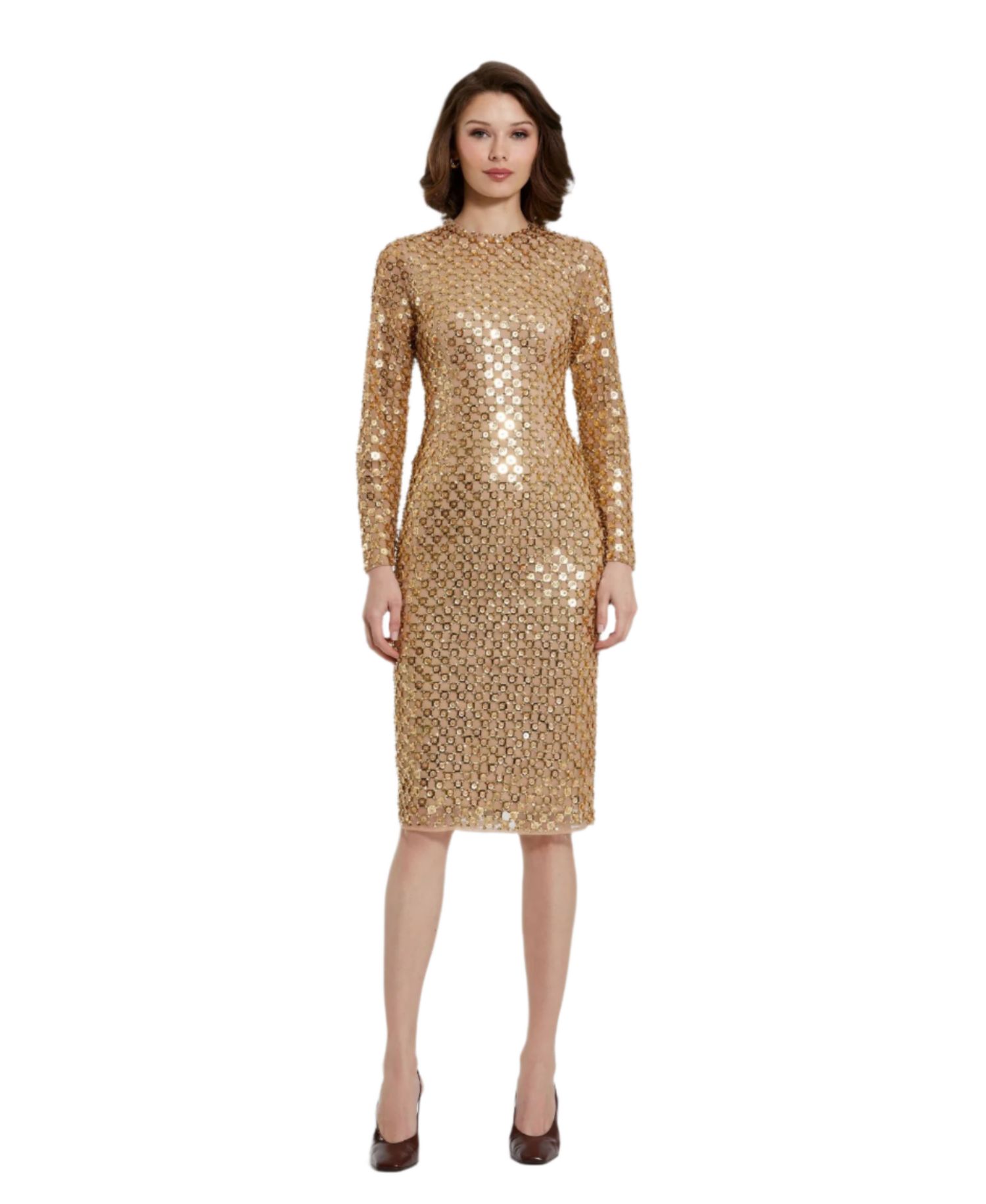 Women's Beaded Georgette Long Sleeve Fitted Midi Dress