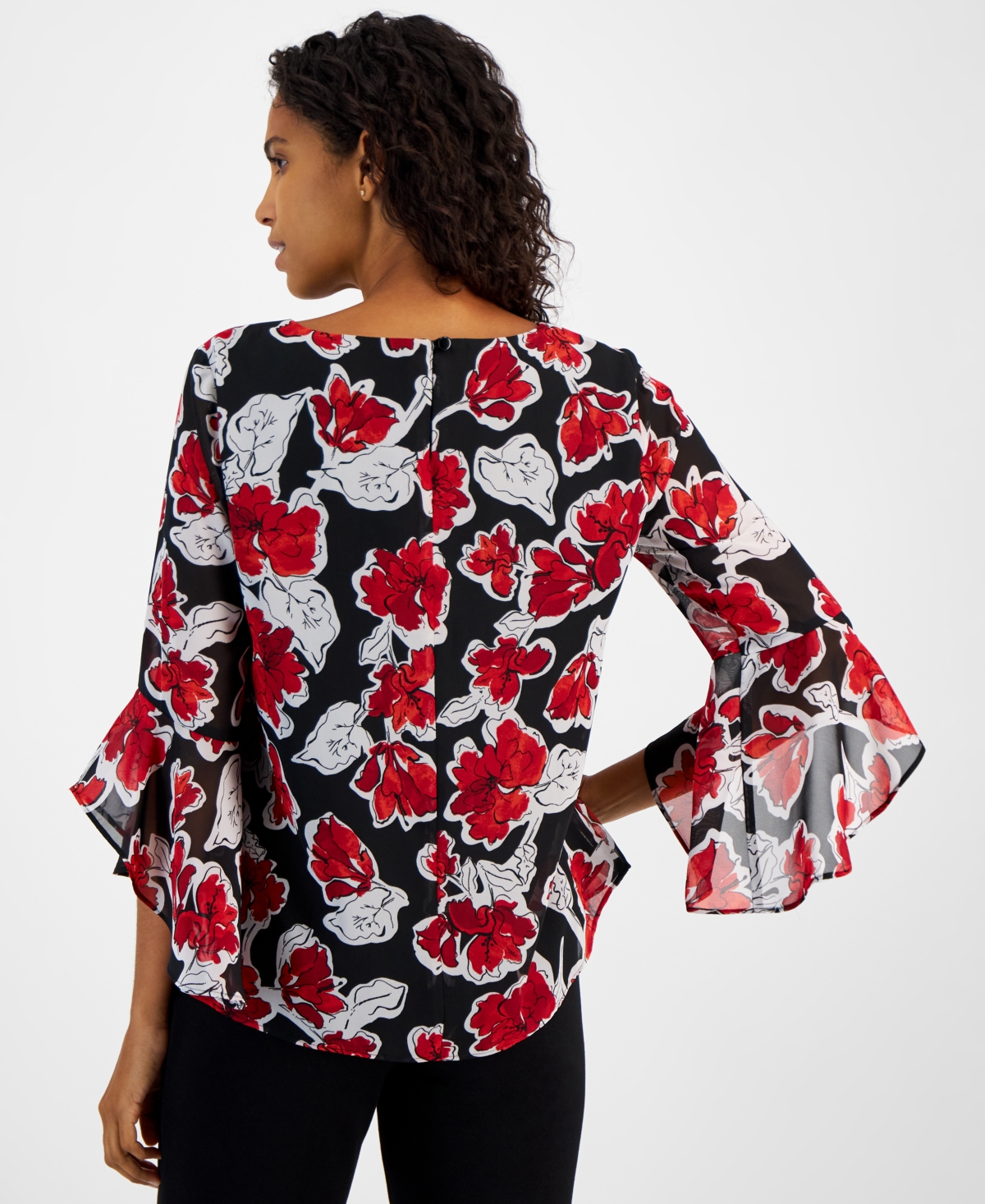 Kasper Women's Floral-Print Crewneck Ruffle-Sleeve Blouse, Regular & Petite Sizes