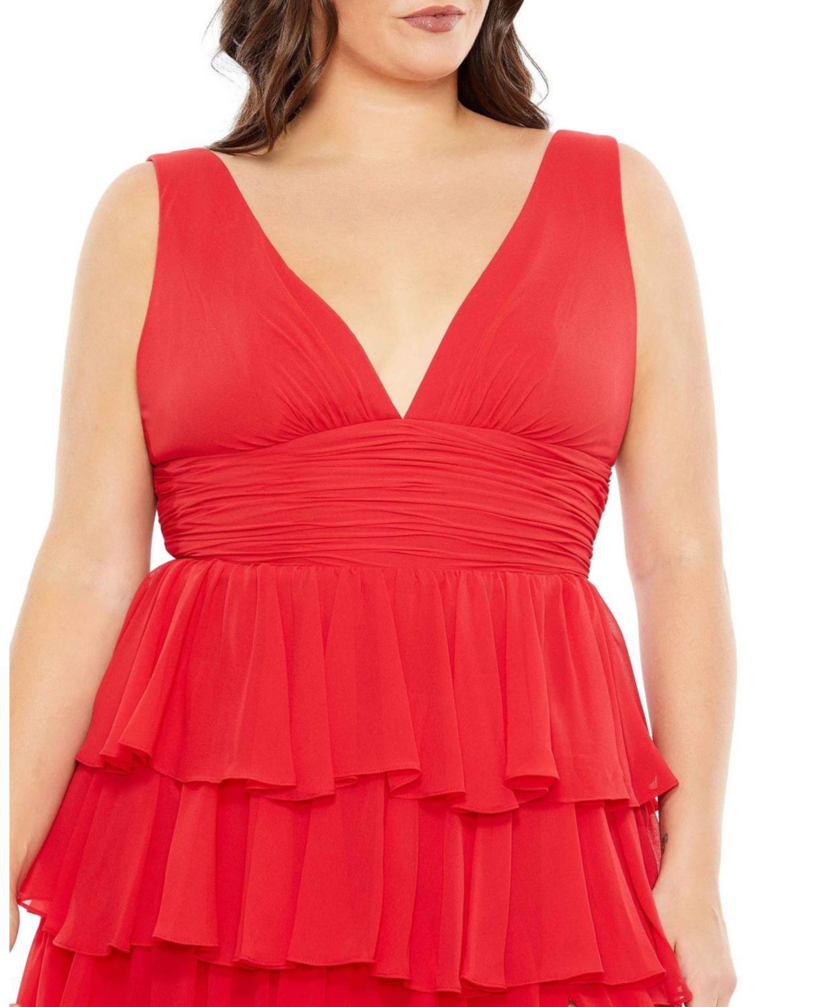 Mac Duggal Women's Plus Size Ruffle Tiered Sleeveless V Neck Gown
