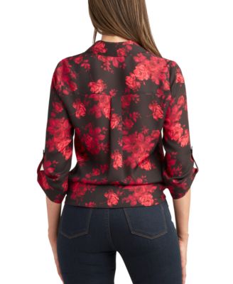 BCX Juniors' Floral-Print Button-Down Roll-Tab Dobby Top