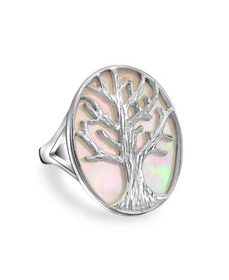 Large Statement Iridescent Oval Abalone Rainbow White Mother of Pearl Family Wishing Tree Of Life Ring Wife .925 Sterling Silver