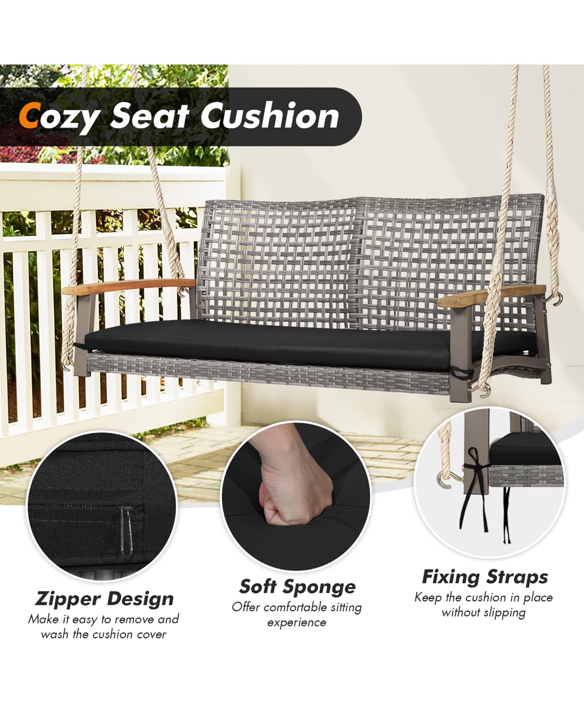 Costway 2-Person Patio Wicker Hanging Swing Chair Loveseat Cushion Porch- Black
