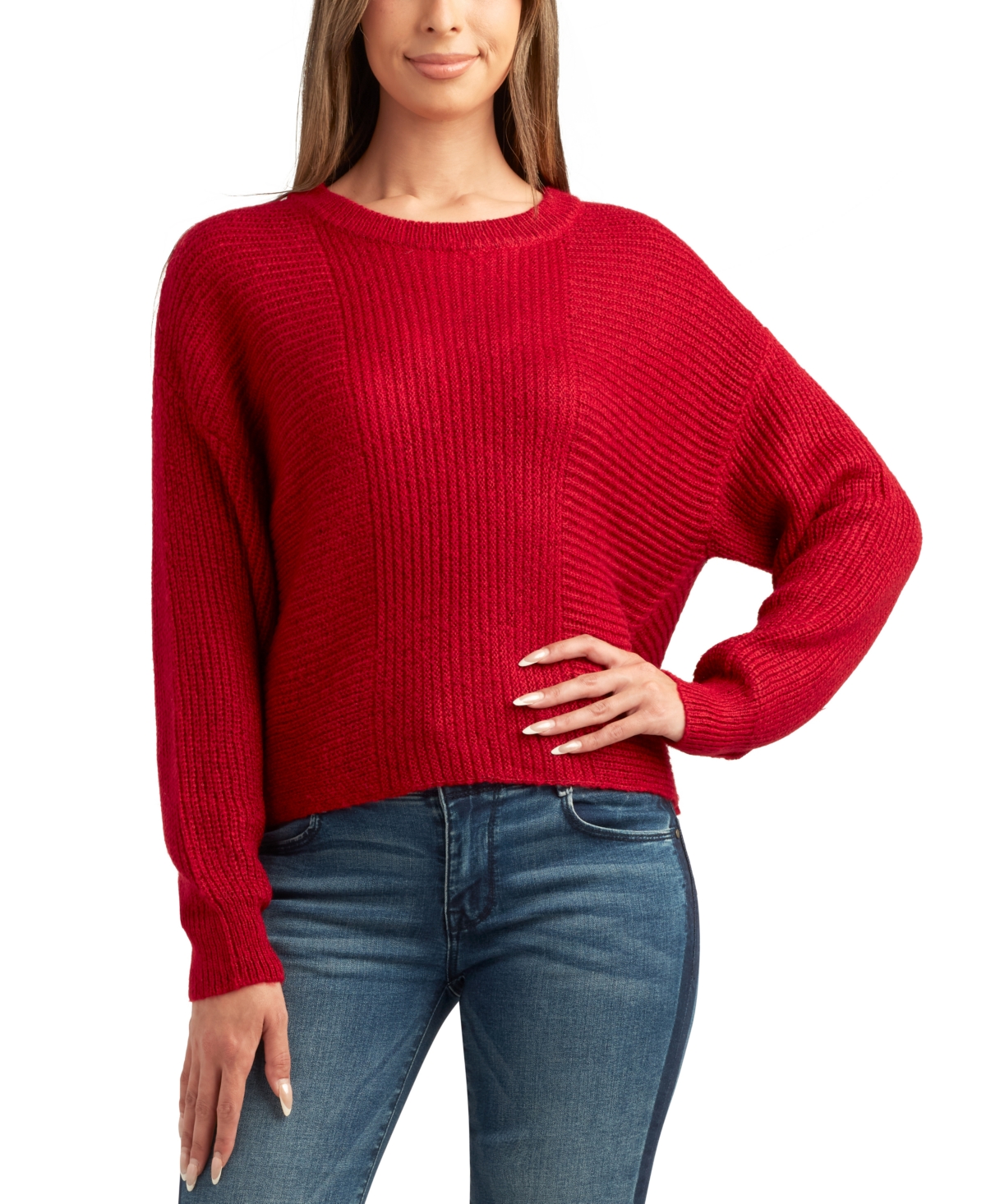 Bcx Juniors' Ribbed-knit Crewneck Dropped-shoulder Sweater In Red
