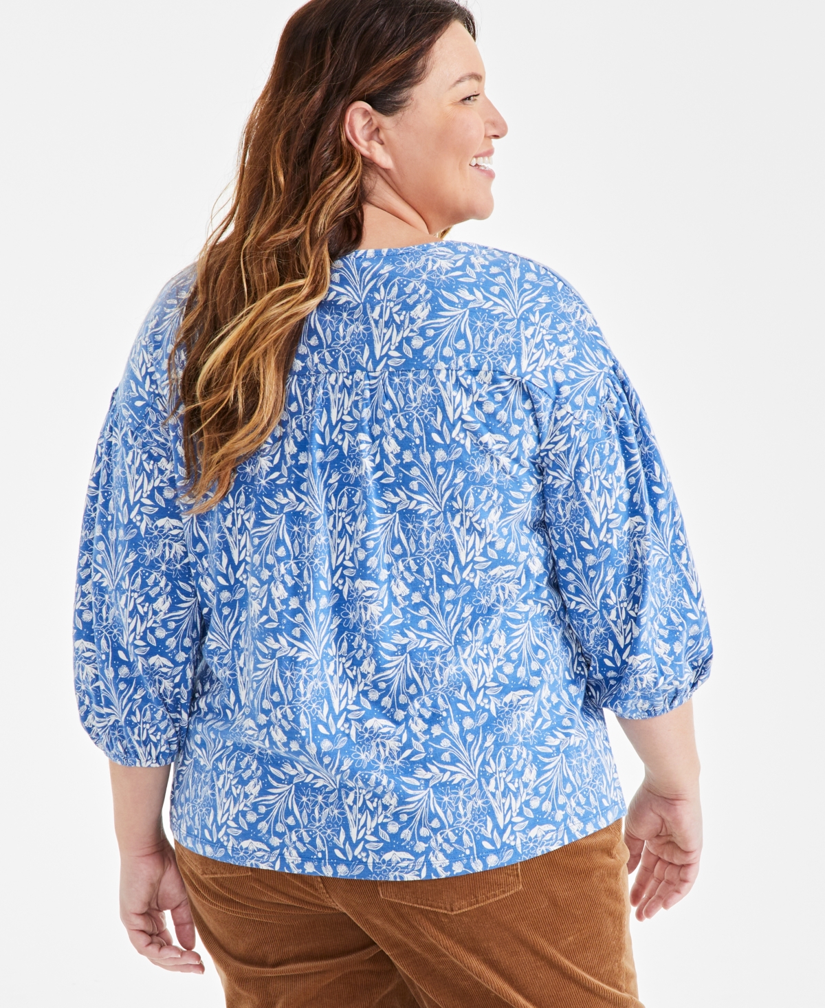 Style & Co Plus Size Floral Split-Neck 3/4-Sleeve Top, Created for Macy's
