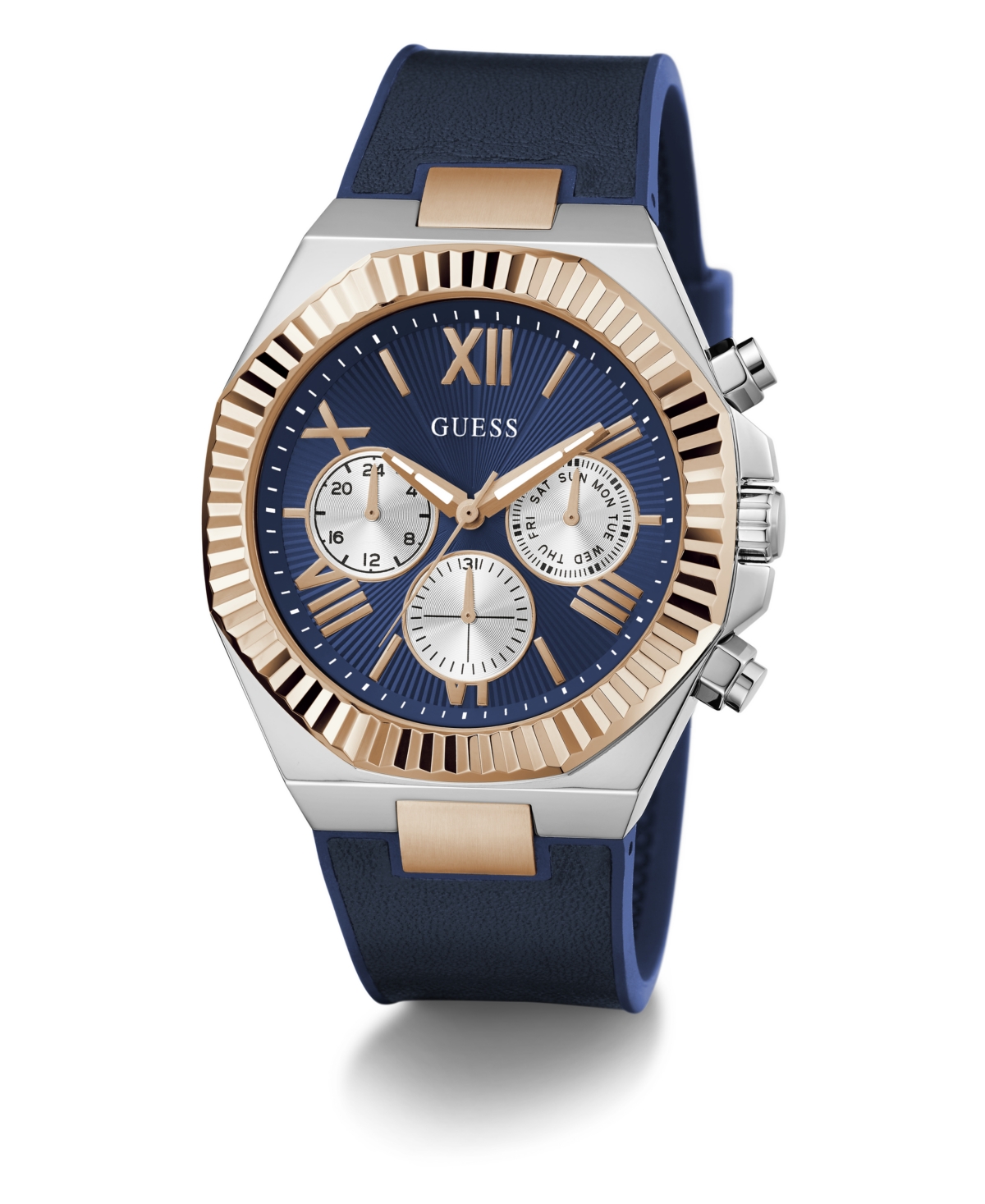 Guess Men's Multi-function Blue Genuine Leather Or Silicone Watch 44mm In Blue
