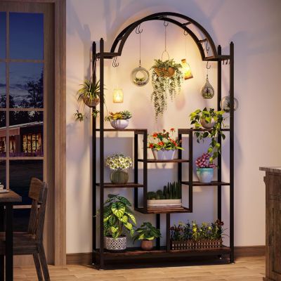 5-Tier Tall Indoor Plant Stand, 74.8'' Arched Metal Flower Shelf with Hanging Hooks, for Indoor, Balcony