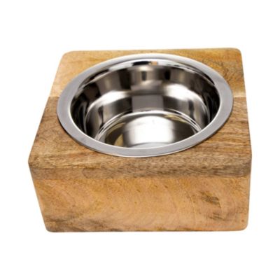 Elegant Stainless Steel Dog Bowl with Square Mango Wood Holder, Perfect for Modern Pet Homes – 1 qt
