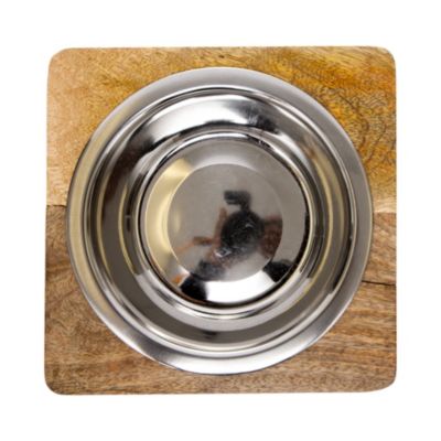 Elegant Stainless Steel Dog Bowl with Square Mango Wood Holder, Perfect for Modern Pet Homes – 1 qt