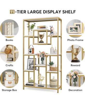 71" Gold Bookshelves Set of 2, 11-Tier Large Tall Open Display Bookshelf, Geometric Cubed Etagere Bookcase, Modern Book Shelf, Gold & White