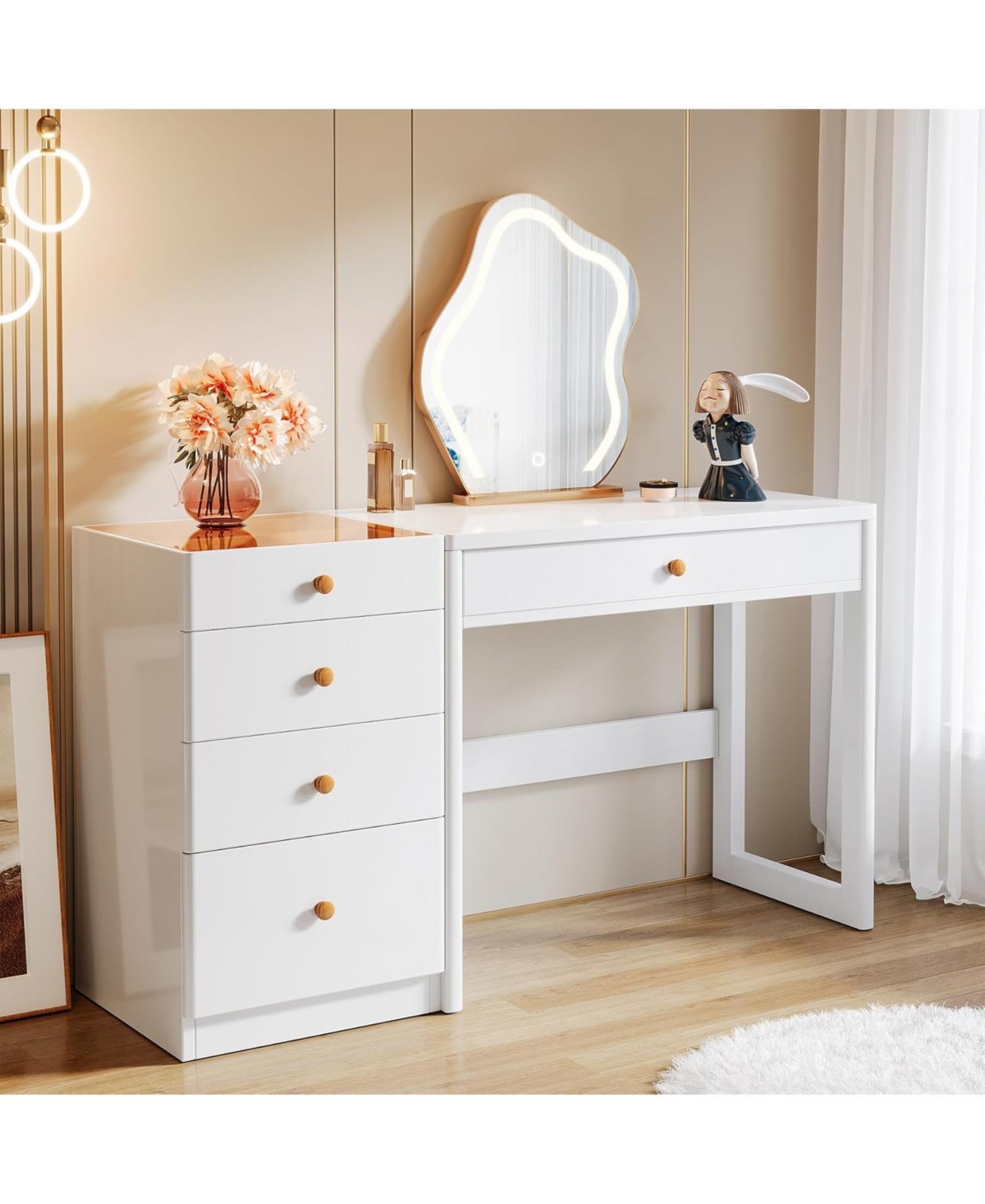 Tribesigns Makeup Vanity Desk with 5 Drawers, Modern Vanity Desk with Glass Top,Computer Desk Dressing Table for Bedroom (Without Mirror)
