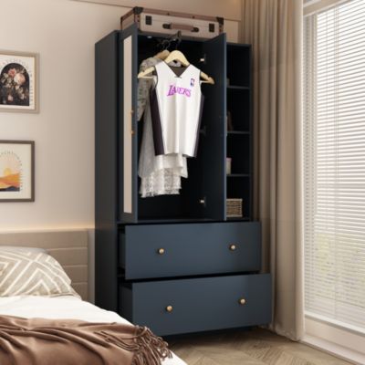 White Wood Armoires Wardrobe With Mirror, Pulling Hanging Rod, Drawers