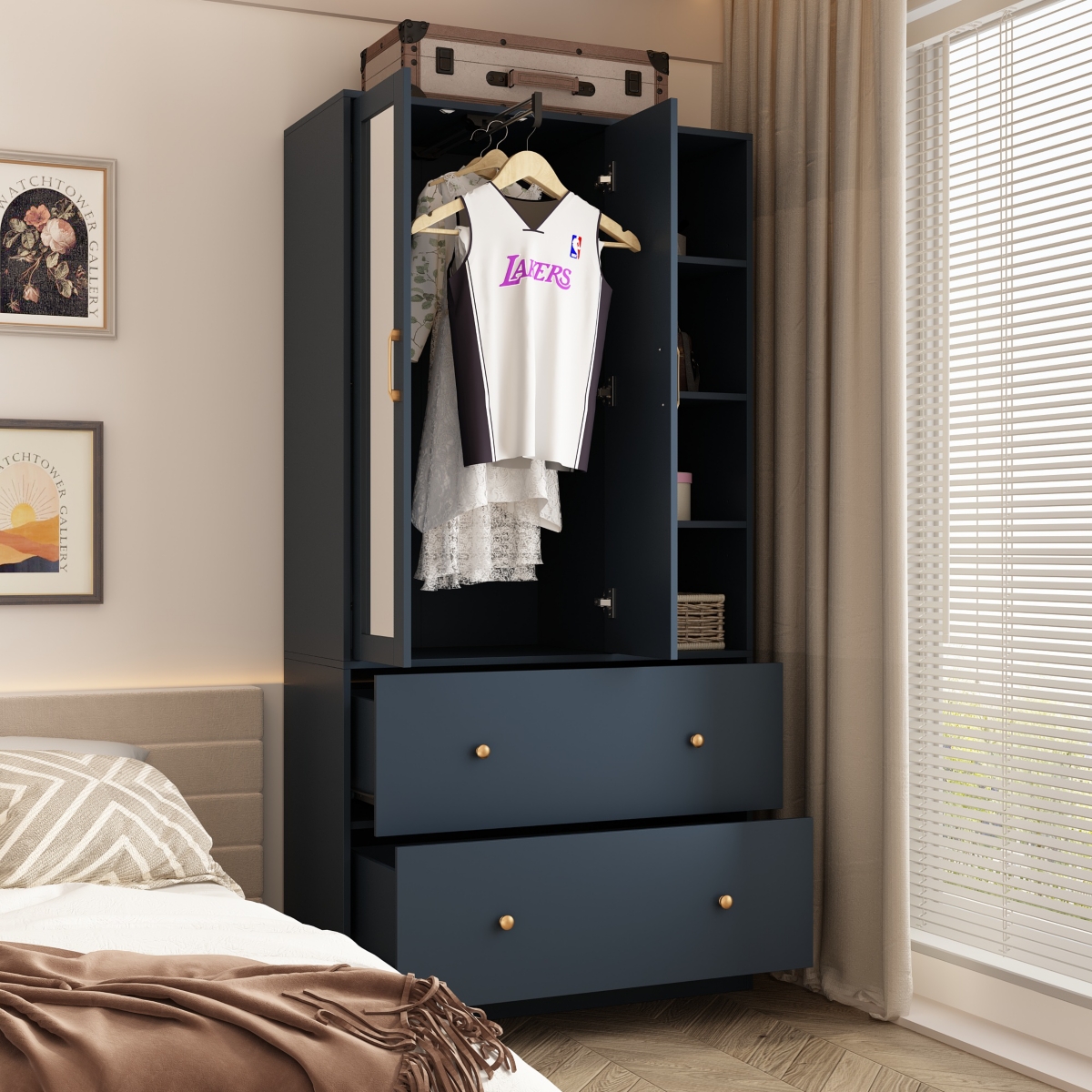Famapy White Wood Armoires Wardrobe With Mirror, Pulling Hanging Rod, Drawers