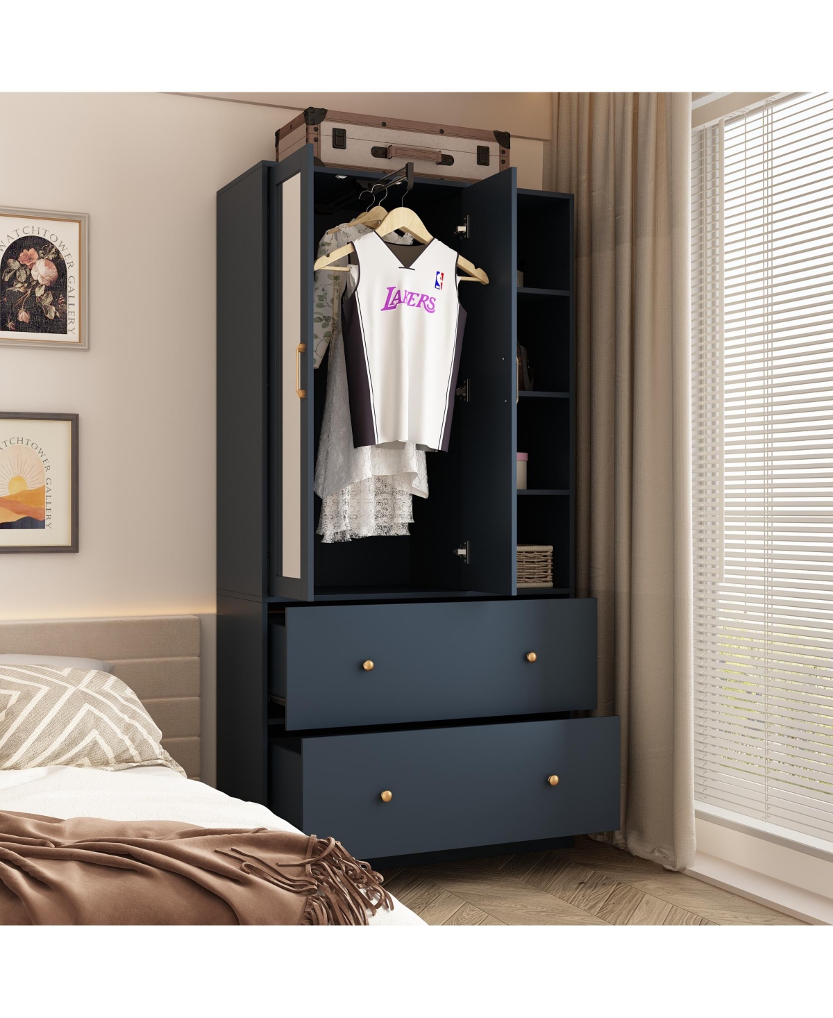 FamapyWood Armoires Wardrobe With Mirror, Pulling Hanging Rod, Drawers - Blue