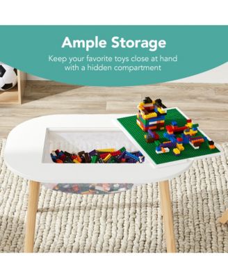 2-in-1 Kid's Building Block Table, Construction Activity Center w/ 2 Stools, Storage Compartment
