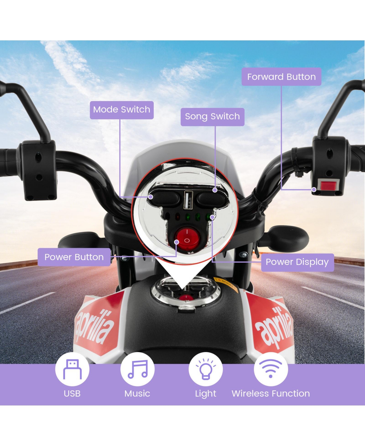 Costway 12V Licensed Aprilia Kids Ride On Motorcycle Electric Dirt Bike with Light & Music