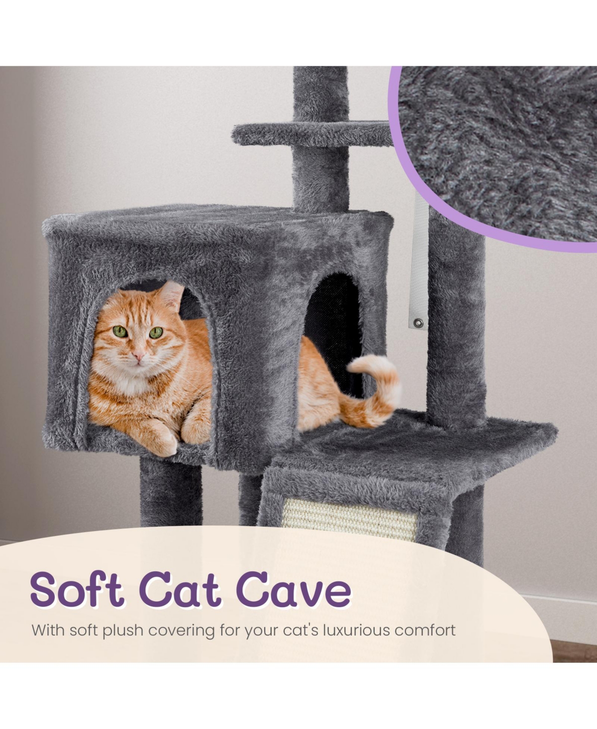 Slickblue Cat Tree – Indoor Cat Tower with Padded Platform Bed, Toy Balls, Large Cozy Condo, and Scratch Board, Dark- Grey