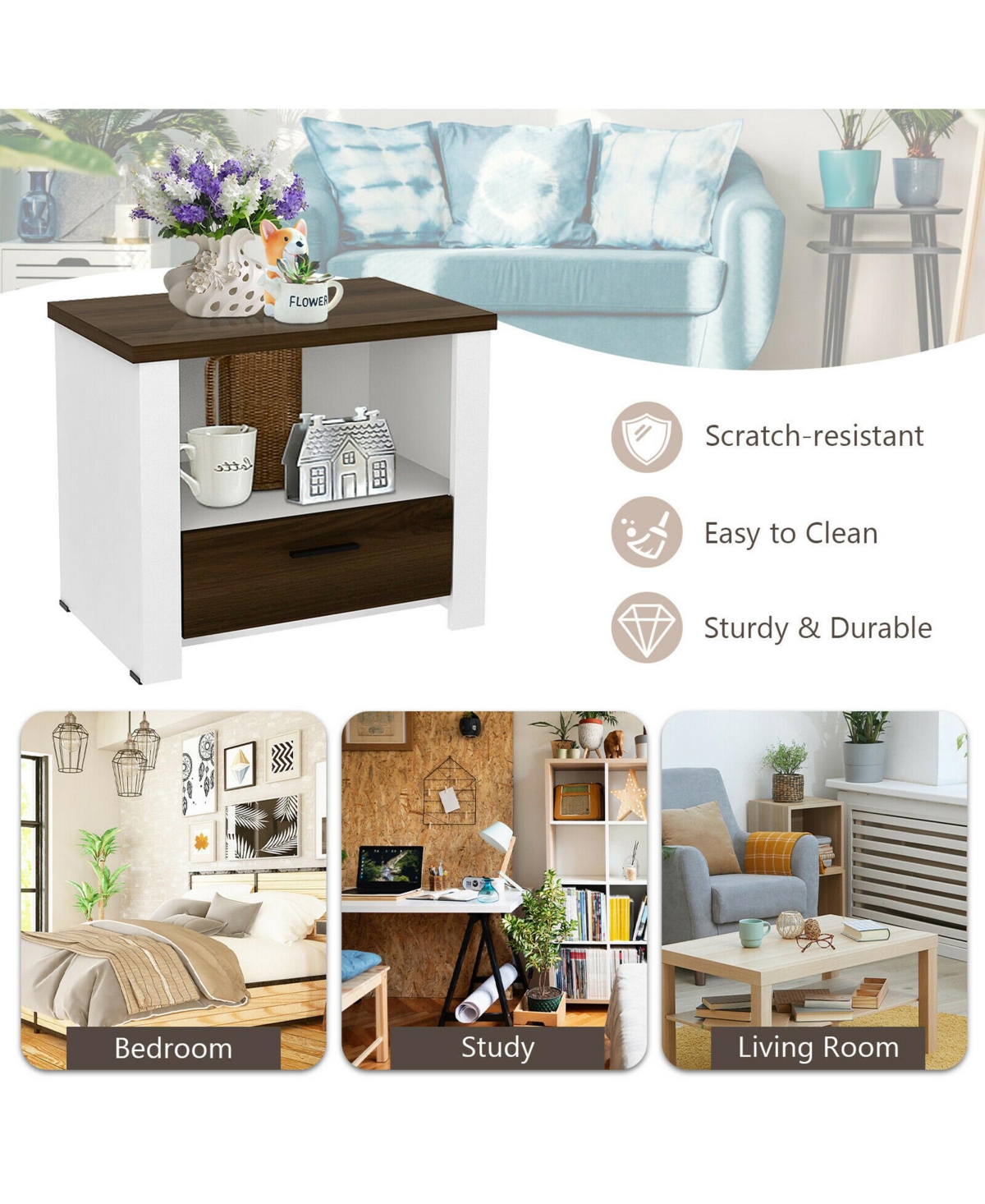 Gymax 2PCS Accent Nightstand Drawer and Open Shelf Sofa End Table Bedroom Living Room - White+dark brown