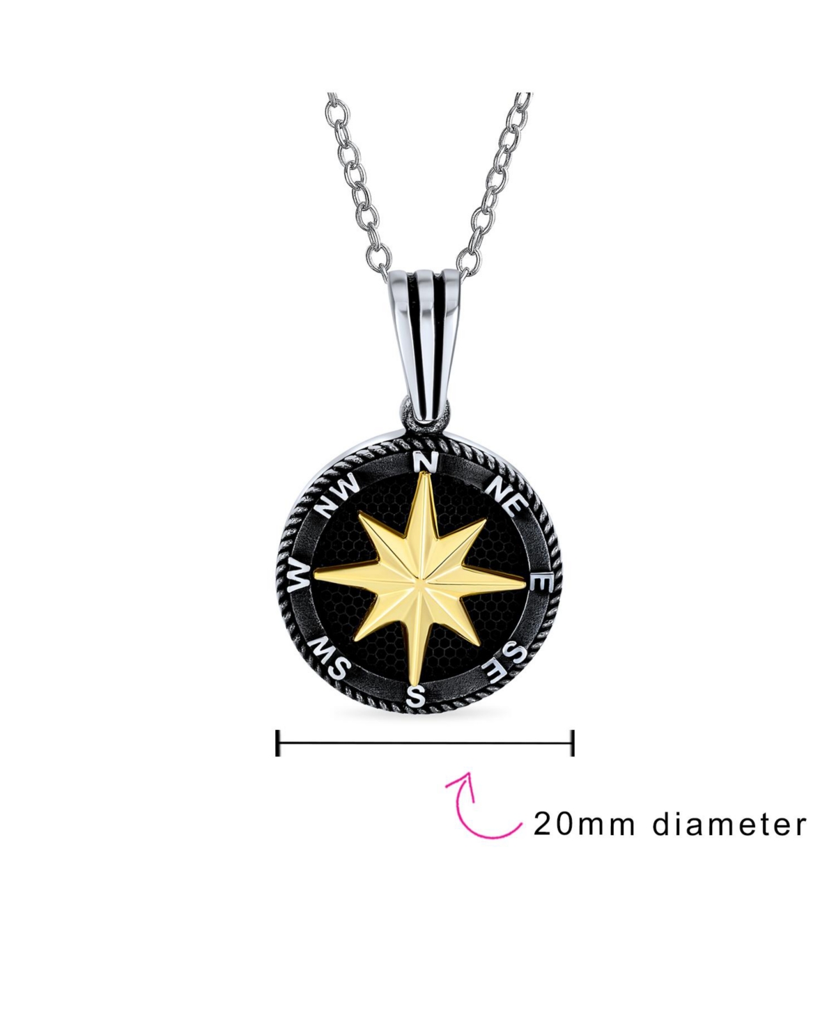 Bling Jewelry Unisex Explorer Travel Viking Disc Medallion Inspirational North Star Rose Compass Pendant Necklace For Men For Women Black Plated Two T
