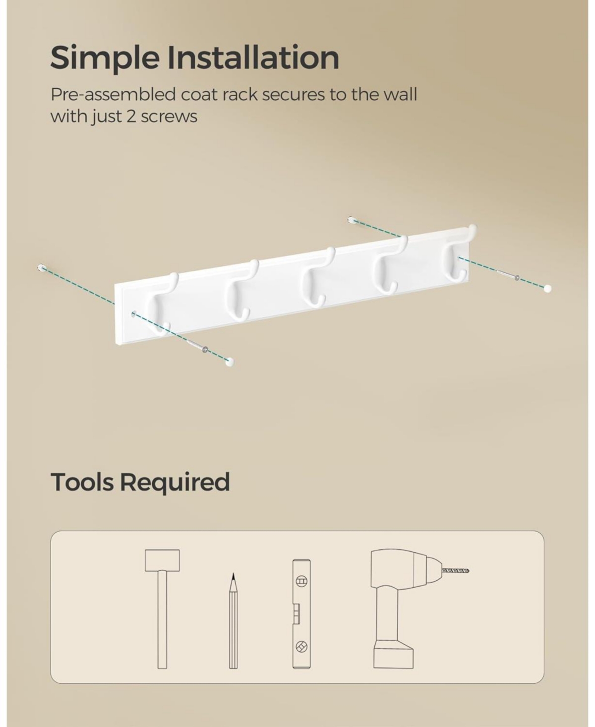 Slickblue Wall-Mounted Coat Rack, Hook Rack, 5 Double Metal Hooks, for Coats, Bags, Keys, For Entryway, Bedroom, Living Room