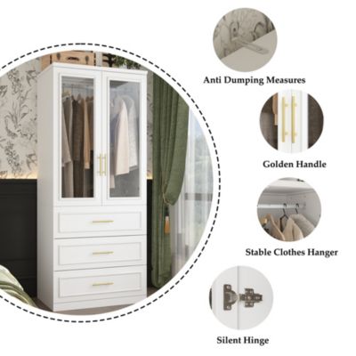 White 2-door 3-drawer wardrobe with tempered glass, bedroom Armoire, wooden Closet
