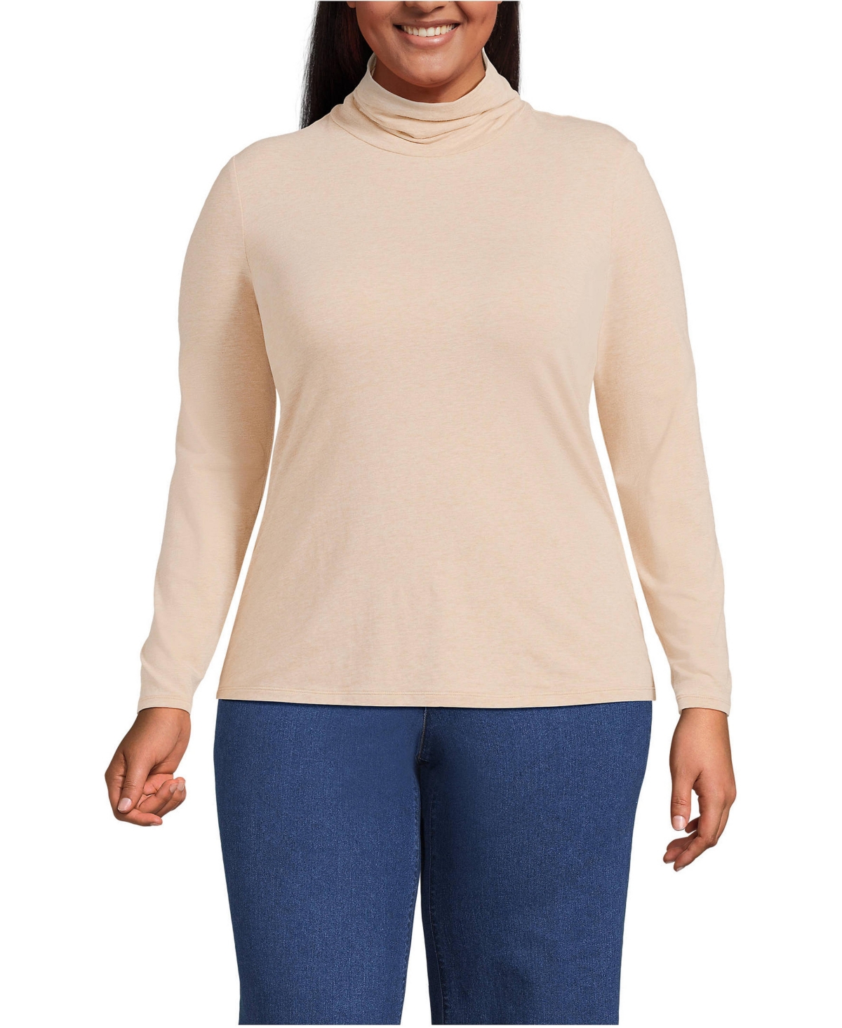 Lands' End Plus Size Lightweight Jersey Long Sleeve Turtleneck - French pecan heather