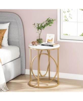 Set of 2 Round End Tables with Gold O-Shaped Base and Faux Marble Top Modern Accent Nightstands