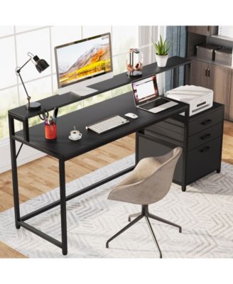 63 Inch Computer Desk with File Drawer Cabinet, Ergonomic Office Desk with Monitor Stand, Computer Table with Printer Space, Wood PC Table Workstation Desk for Home Office