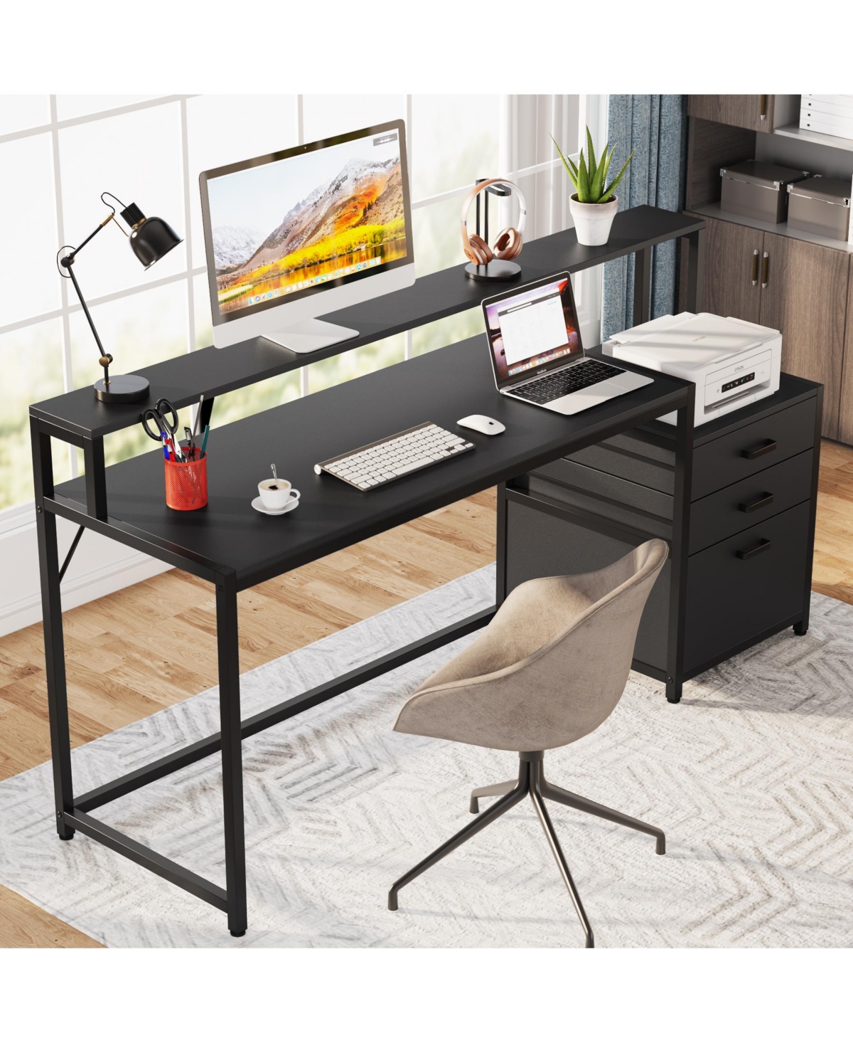 Tribesigns Computer Desk with File Drawer Cabinet, Ergonomic Office Desk with Monitor Stand, Computer Table with Printer Space, Wood Pc Table