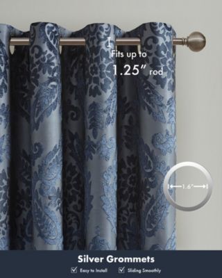 Amelia Knitted Jacquard Paisley Total Blackout Grommet Top Curtain Panel, Single Curtain with Privacy Lining for Bedroom and Living Room, Width 50 length 108 inches, Navy Window Panel