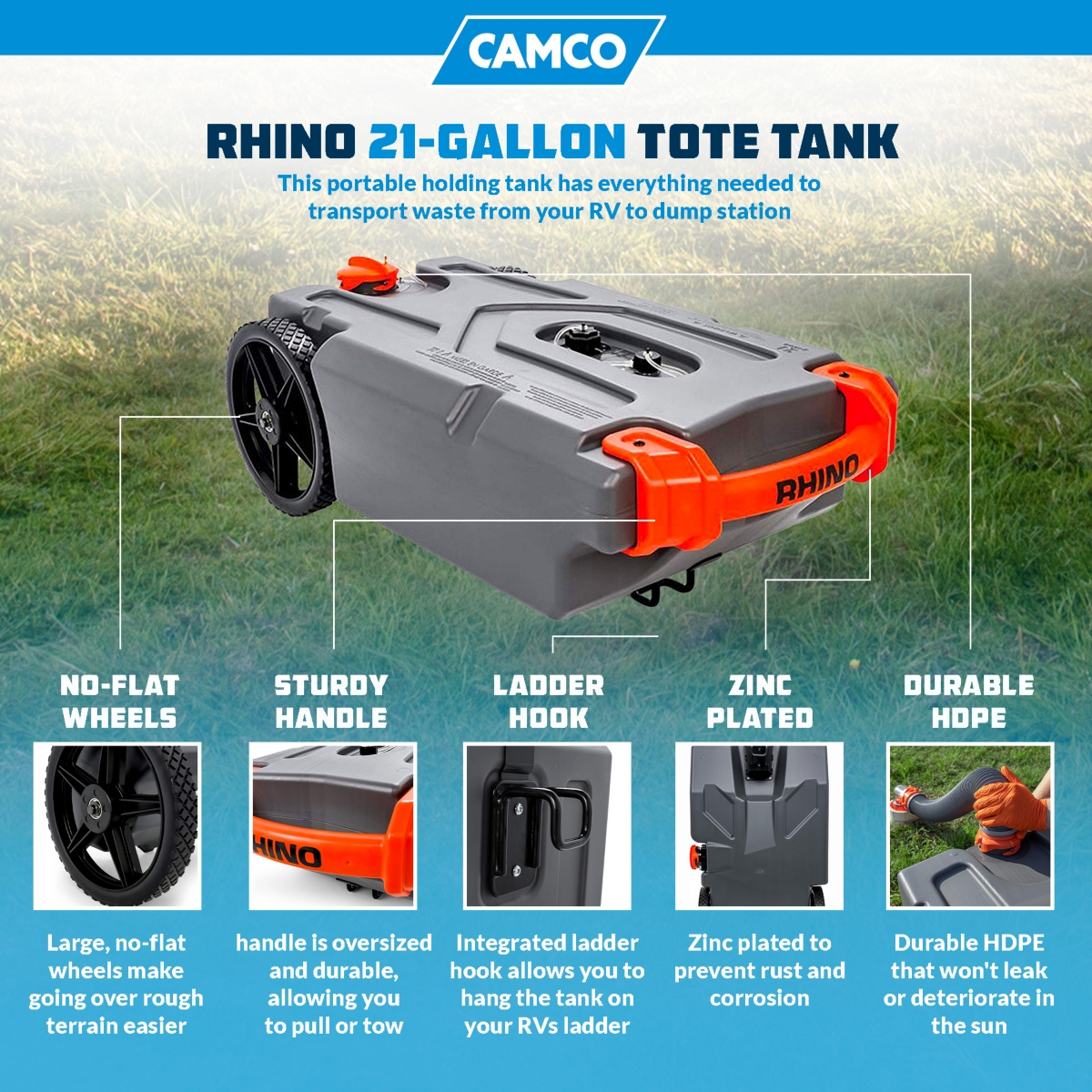 Camco 39002 Rhino Portable 21 Gallon Rv Waste Tank Holding Hose and Accessories