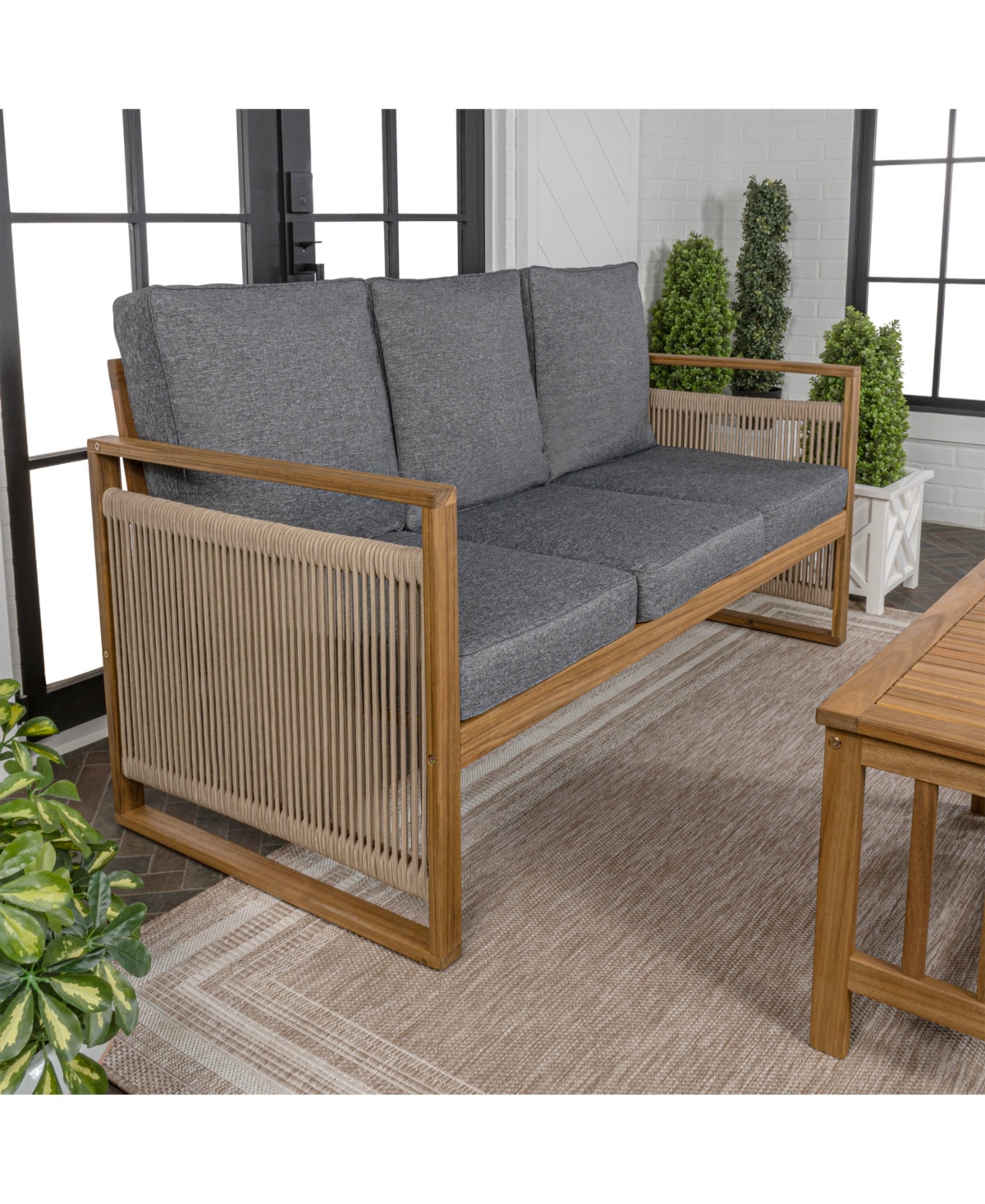 Jonathan Y Arwen Modern Bohemian Roped Acacia Wood Outdoor Loveseat with Cushions