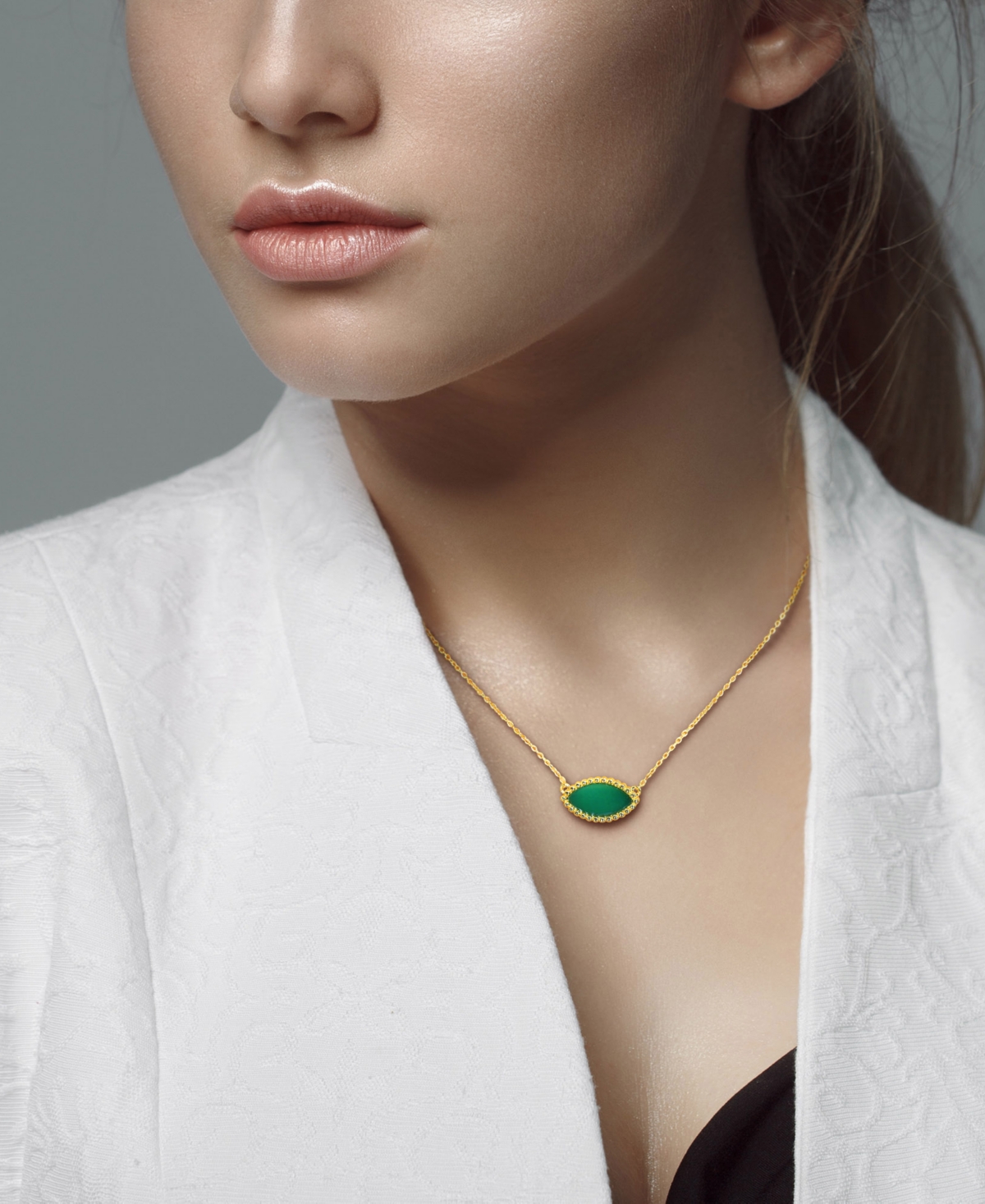 Macy's Chalcedony Bead-framed Marquise 17" Pendant Necklace In 14k Yellow Gold Flash Plated Sterling Silver In Green Chalcedony