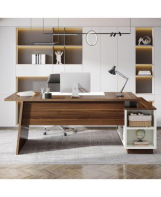 70.5-Inch Executive Office Desk: Modern L-Shaped Desk with File Cabinet and Storage Shelves, Large Wood Computer Desk, Walnut & White
