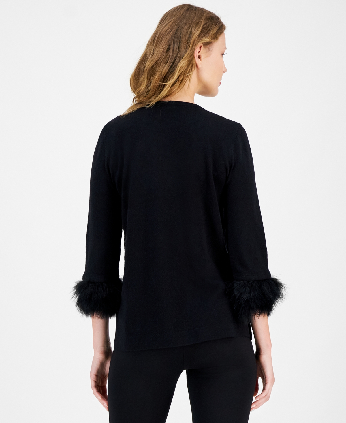 Anne Klein Women's Crewneck Feather-trim-cuff Sweater In Anne Black
