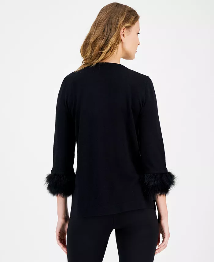 Women's Crewneck Feather-Trim-Cuff Sweater - thumbnail 6
