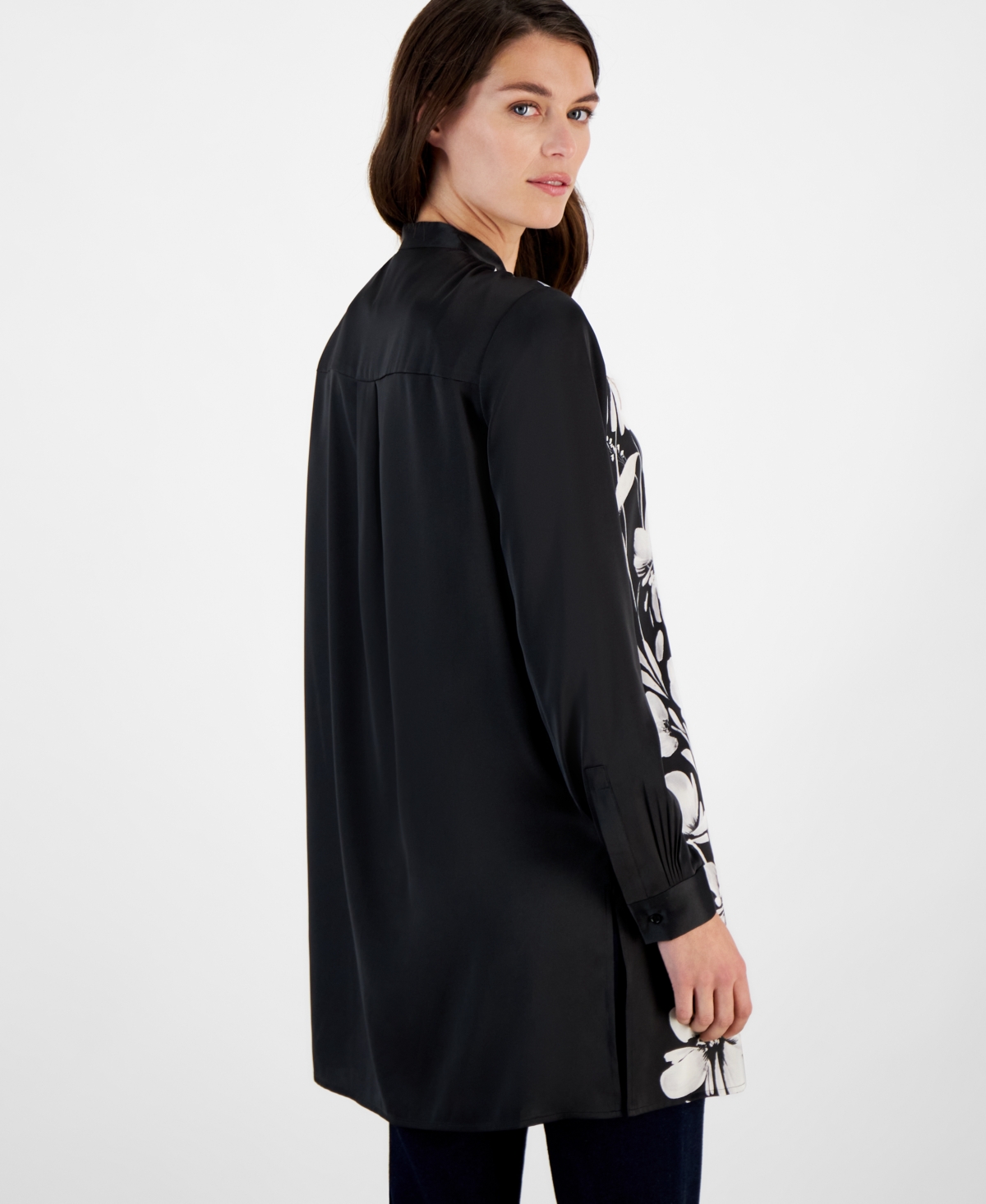 Anne Klein Women's Printed Split-Neck Long-Sleeve Tunic Shirt