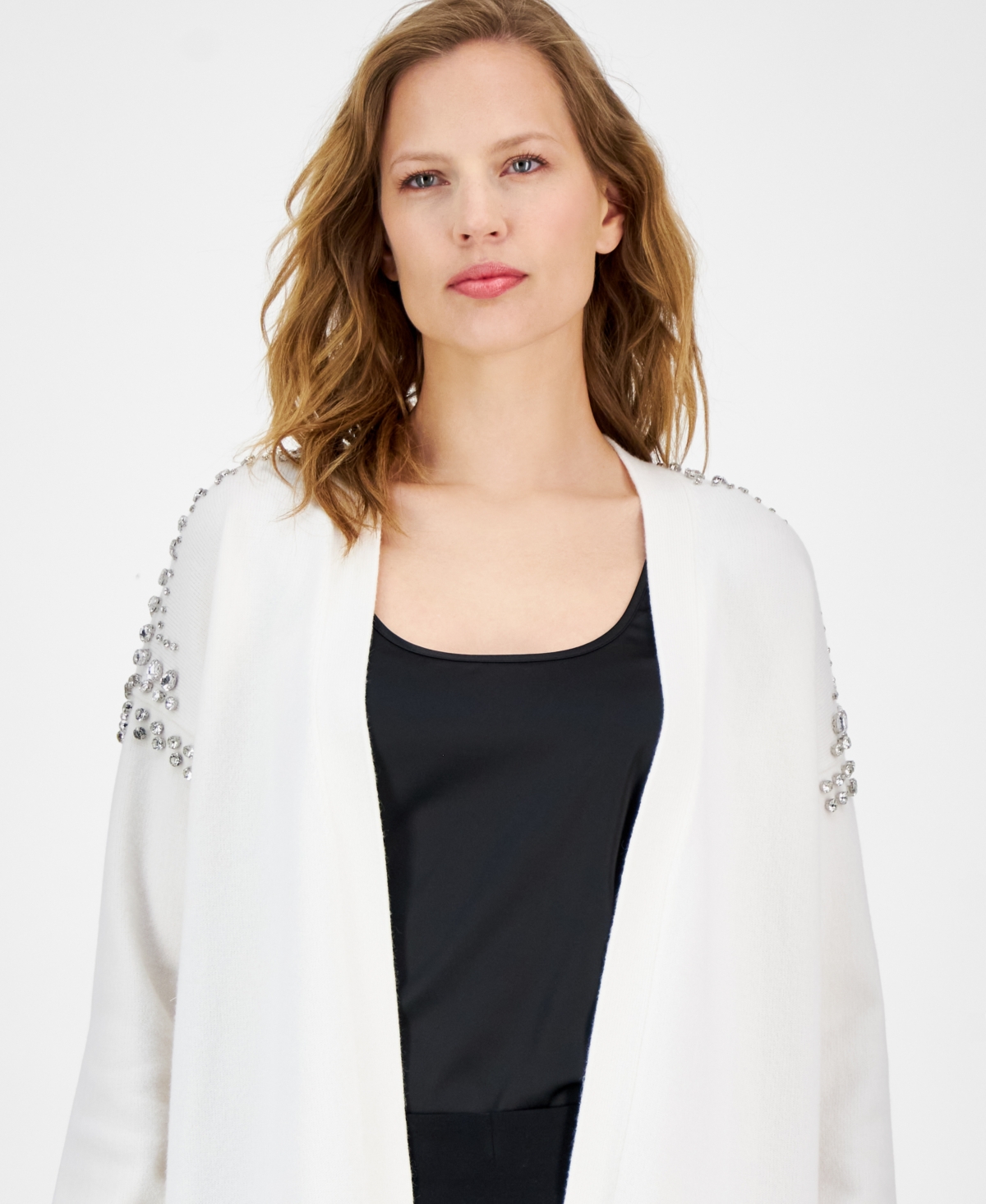 Anne Klein Womens Embellished Knit Cardigan Sweater In Anne White