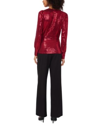 Women's Sequined Faux-Wrap Long-Sleeve Top