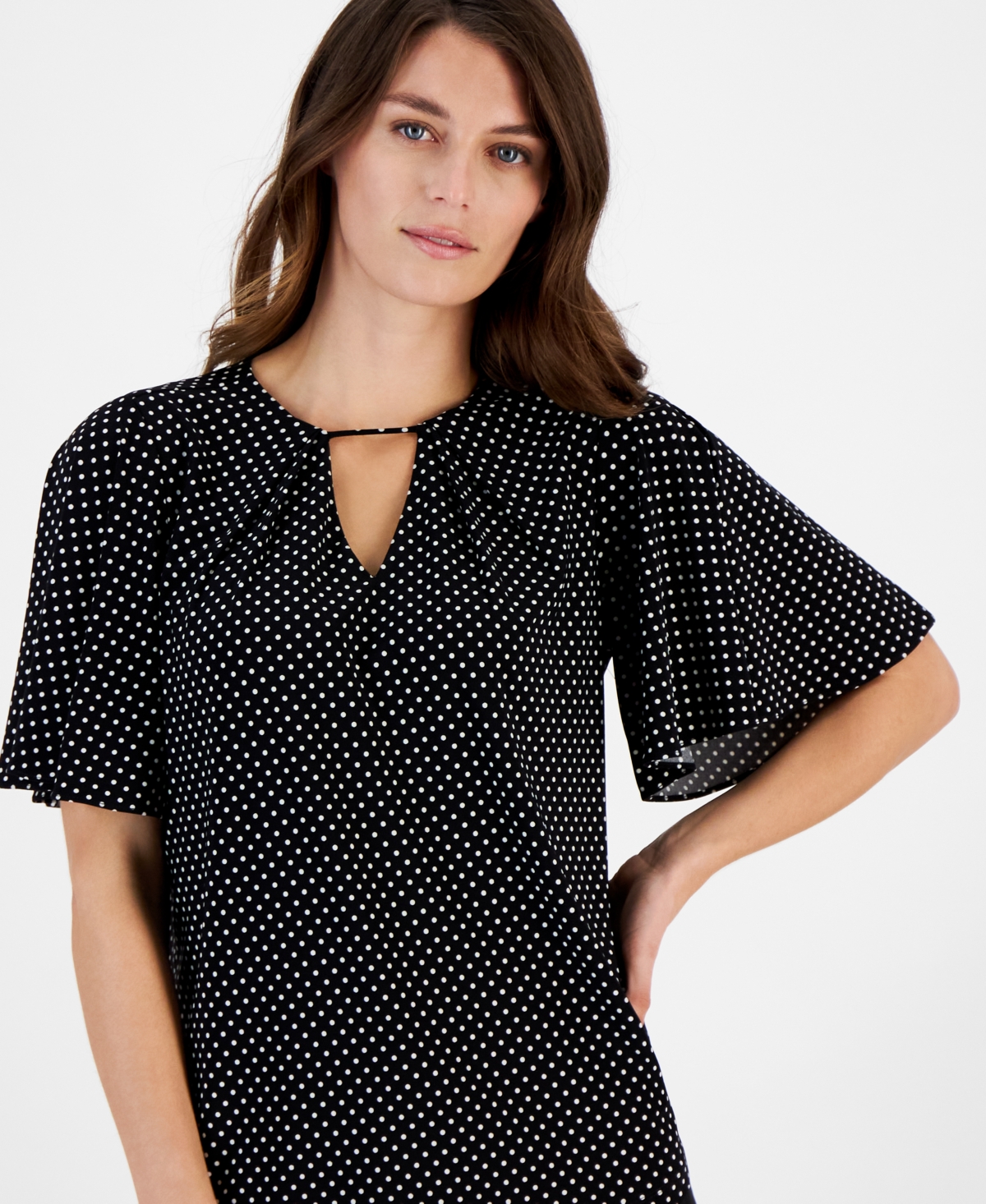 Anne Klein Women's Printed Short-Bell-Sleeve Blouse -/ Bright White