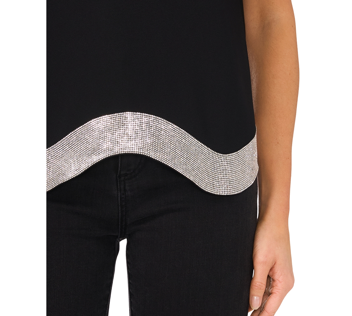 Cece Women's Rhinestone Wavy Hem Short-sleeve Blouse In Black