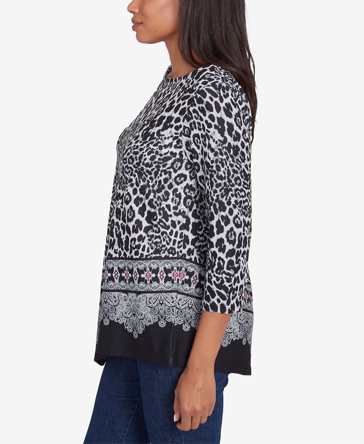Ruby Rd. Petite Ballet Neck Animal Printed Hatchi Knit Top with Asymmetric Paisley Border Print Hem