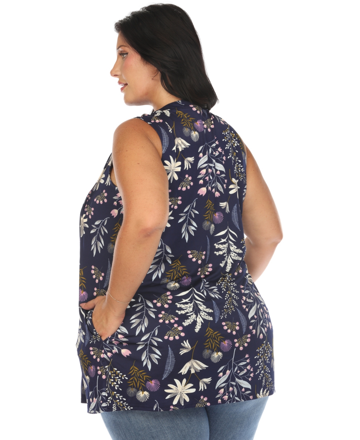 White Mark Plus Size Floral Sleeveless Tunic Top In Navy