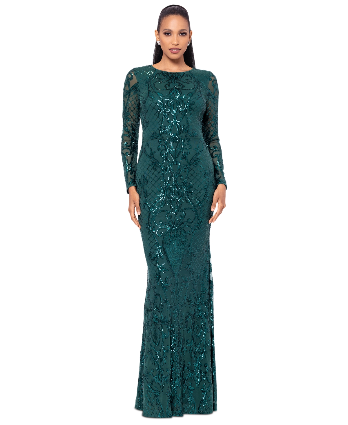 Betsy & Adam Plus Size Sequined Long-sleeve Sheath Gown In Emerald