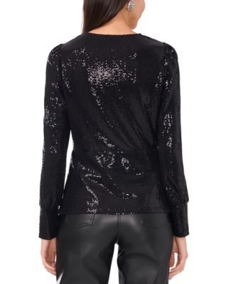 Women's Sequined Faux-Wrap Long-Sleeve Top