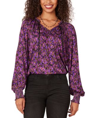 Democracy - Petite Printed Split-Neck Blouson-Sleeve Blouse